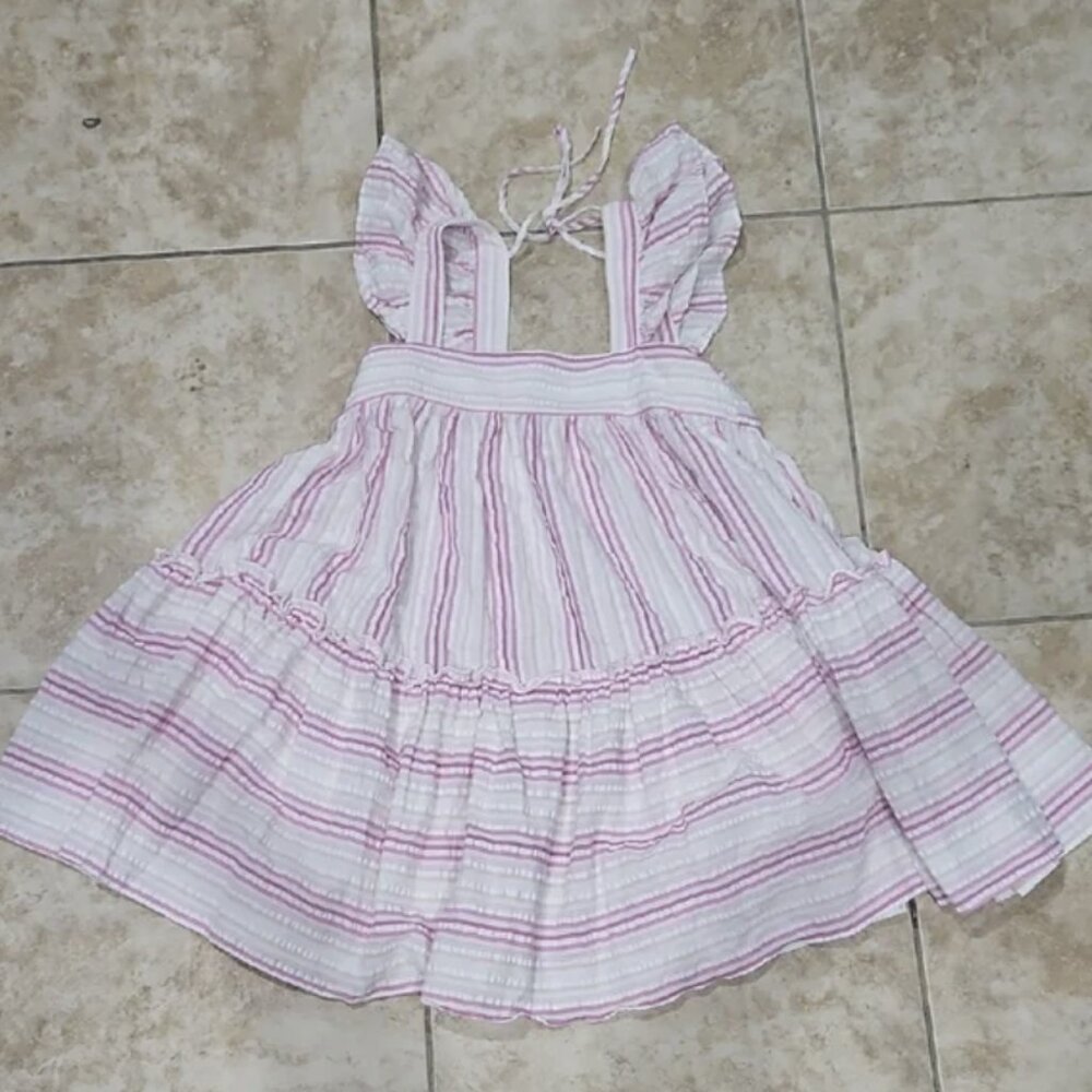 Mulberry & King Mabel Pink Striped Seersucker Tiered Mini Dress